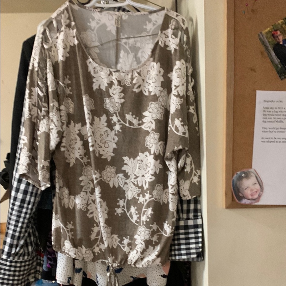 PerSeption Concept Brown and Cream Tie Front Blouse 3/4 Sleeve. Size Large